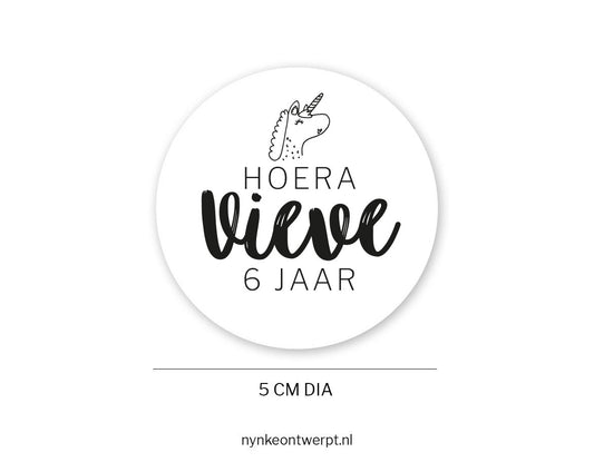 Traktatie sticker Unicorn | met naam en leeftijd | Jarig sierlijk | 10 stuks