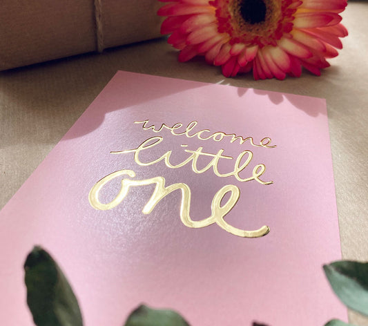Kaart | Met goudfolie | Welcome little one - Roze
