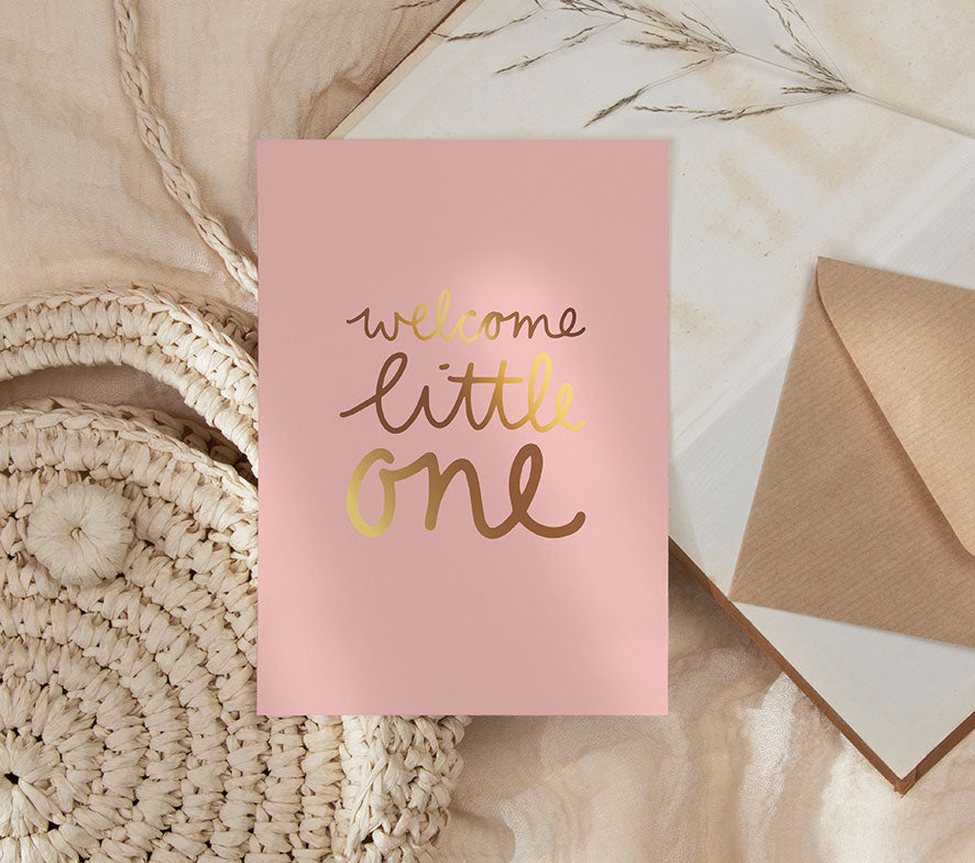 Kaart | Met goudfolie | Welcome little one - Roze