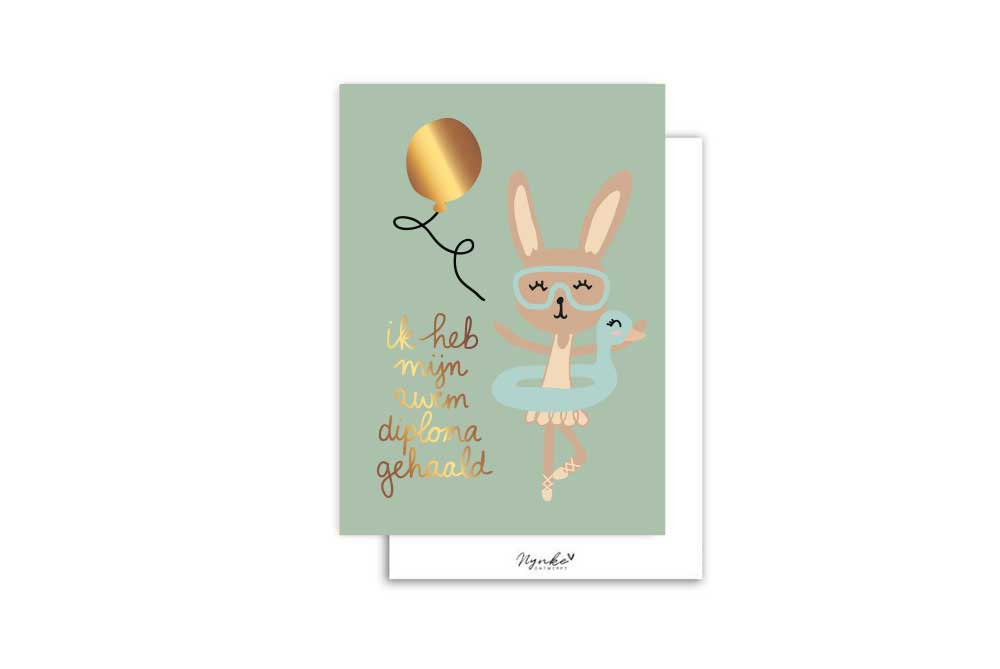 Mini kaart | Met goudfolie | Mijlpaal - Zwemdiploma