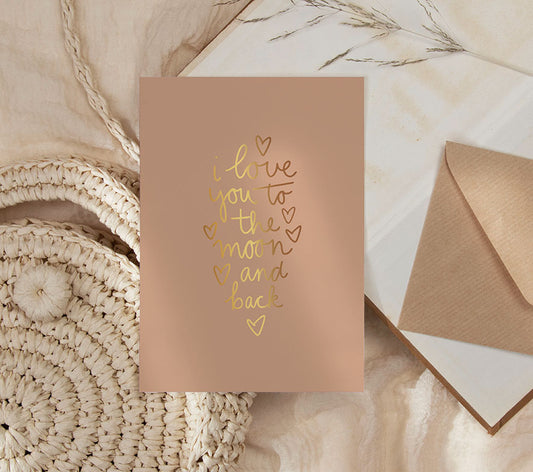 Kaart | Met Goudfolie | I love you to the moon and back - bruin