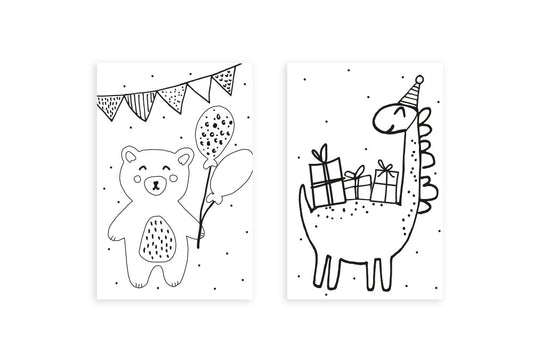 Mini-kaart | Inkleur kaartje beer en dino