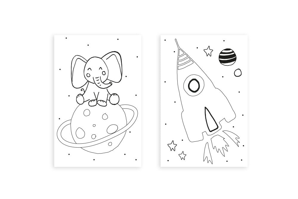 Mini-kaart | Inkleur kaartje olifant en raket