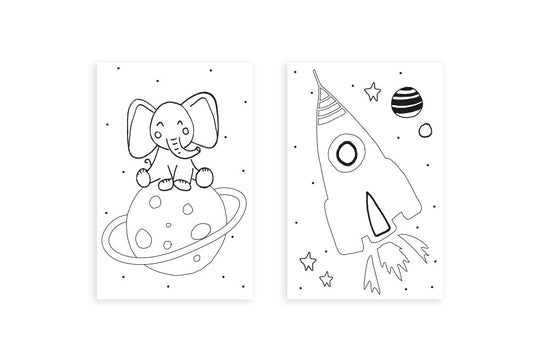 Mini-kaart | Inkleur kaartje olifant en raket