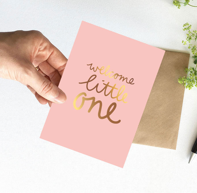 Kaart | Met goudfolie | Welcome little one - Roze